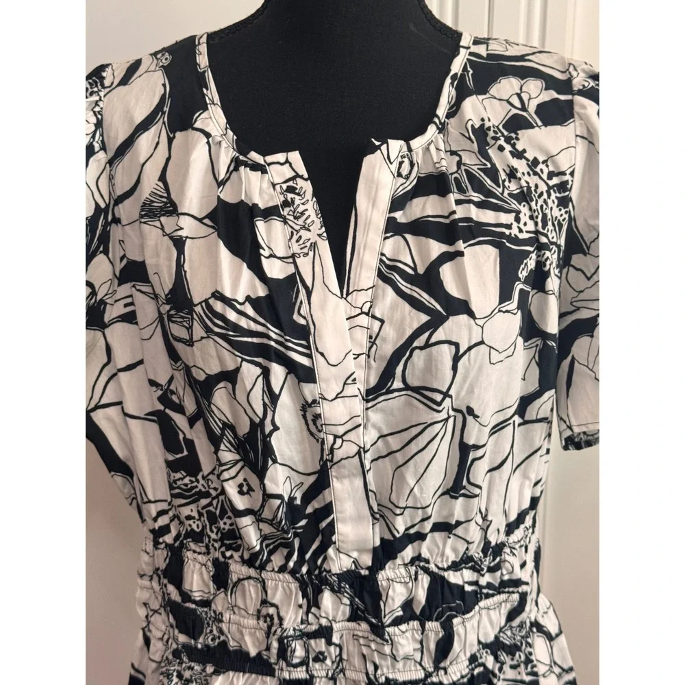 Anthropologie Somerset Dress Black White Floral Smocked Petite XL P Cotton Mini - Picture 3 of 8